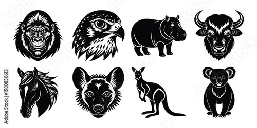 A collection of animal head and body silhouettes isolated on white background