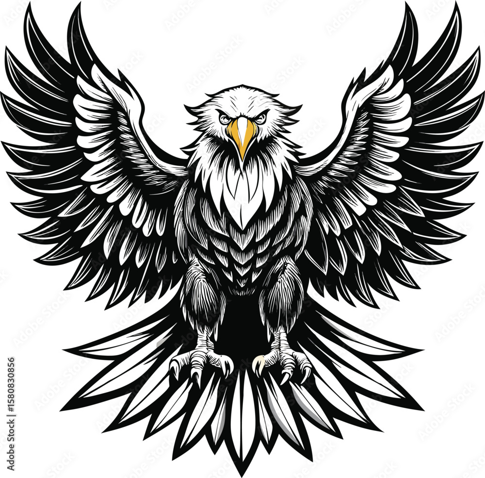 Obraz premium Dynamic vector illustration of a flying bald eagle with outstretched wings, embodying freedom and wild nature
