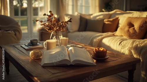 Warm Sunlight Bathes Cozy Living Room, Coffee, Book, and Treats