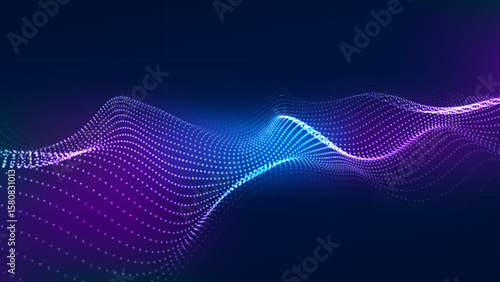 Music flow of moving particles. Futuristic dotted 3D wave. Big data. Vector illustration.