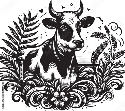 Dairy farm mascot or logo, hand-drawn cow with fantasy elements and thought bubble