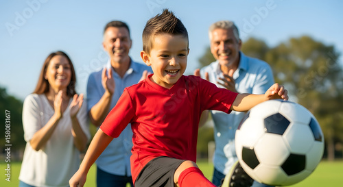Boy kicking a soccer ball with joyful face, parents clapping in background
