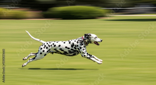 Spotted dog dashes across sunlit lawn
