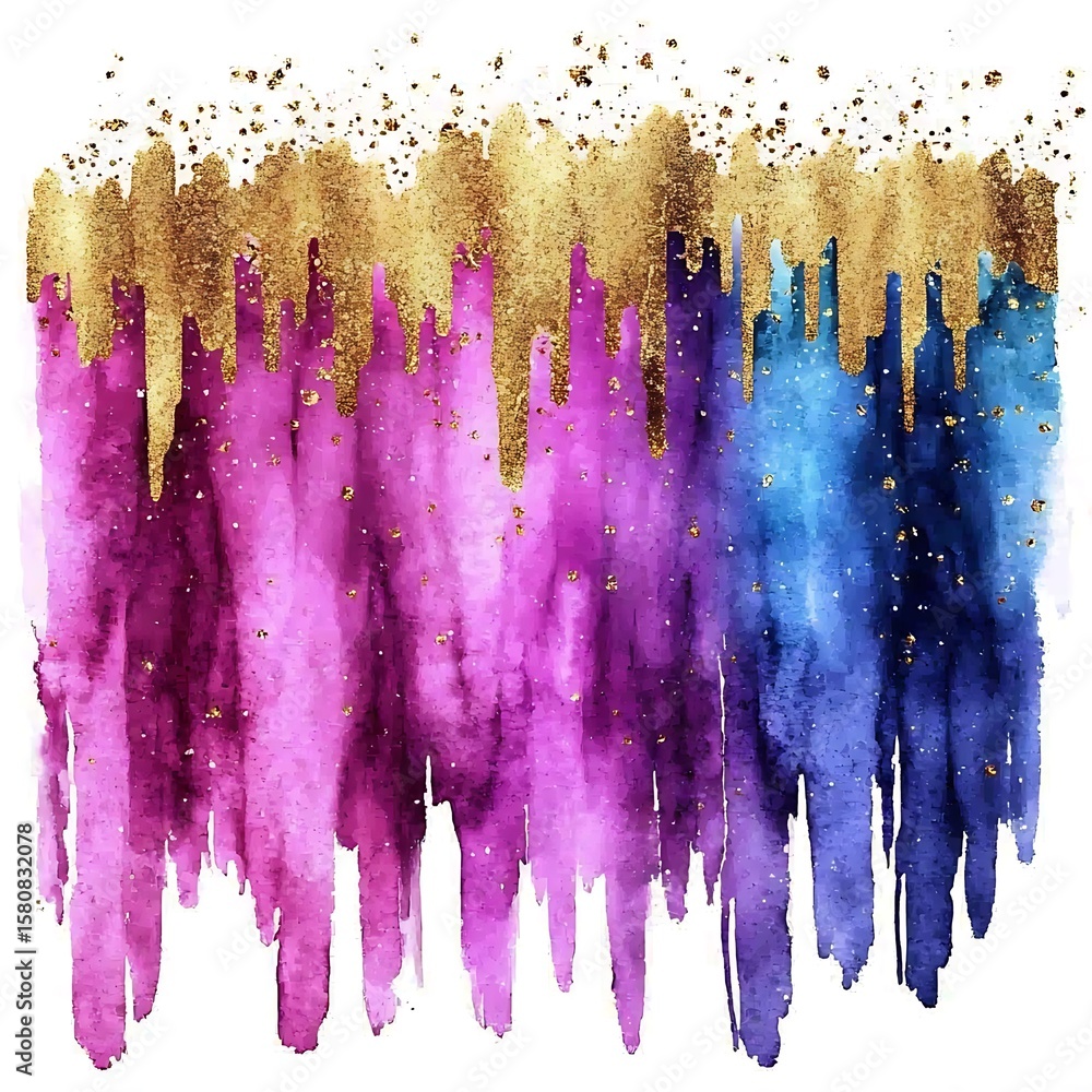 Fototapeta premium Colorful Abstract Watercolor Background with Gold Glitter Drips