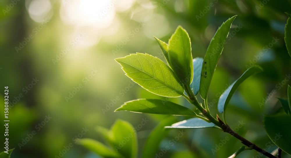 Obraz premium Fresh Green Leaves in Sunlight with Natural Bokeh Background