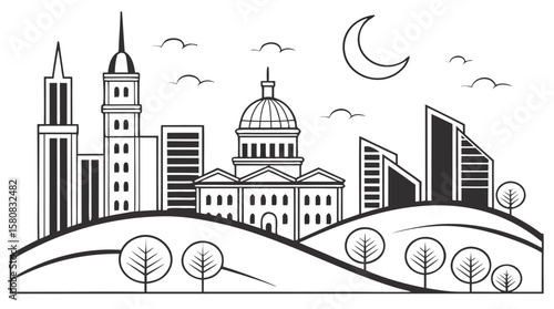 Vector City Skyline Silhouette with Historic and Modern Architecture