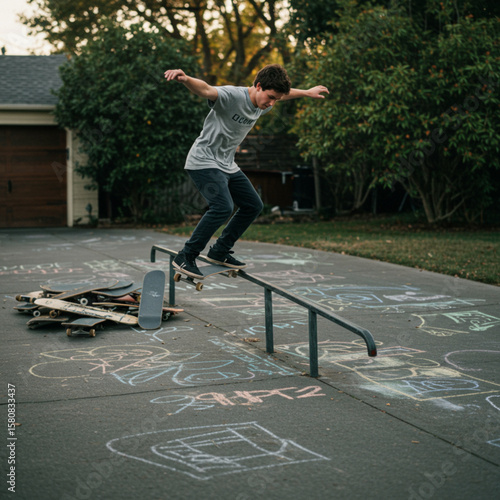Teen Skateboarder Performing a Grind on a Rail Outdoors on Pavement