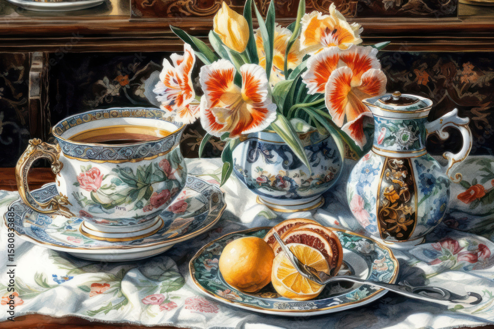 Fototapeta premium A still life in a classical style depicting a refined tea arrangement with antique porcelain and fresh flowers. 
