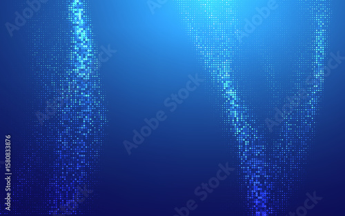 Blue Tech Fintech Background with Abstract Pixel Data and Light Grid Network. Futuristic Financial Vector Design for Crypto Business or Digital Presentation. Geometric Blockchain Flow with Dynamic Glo