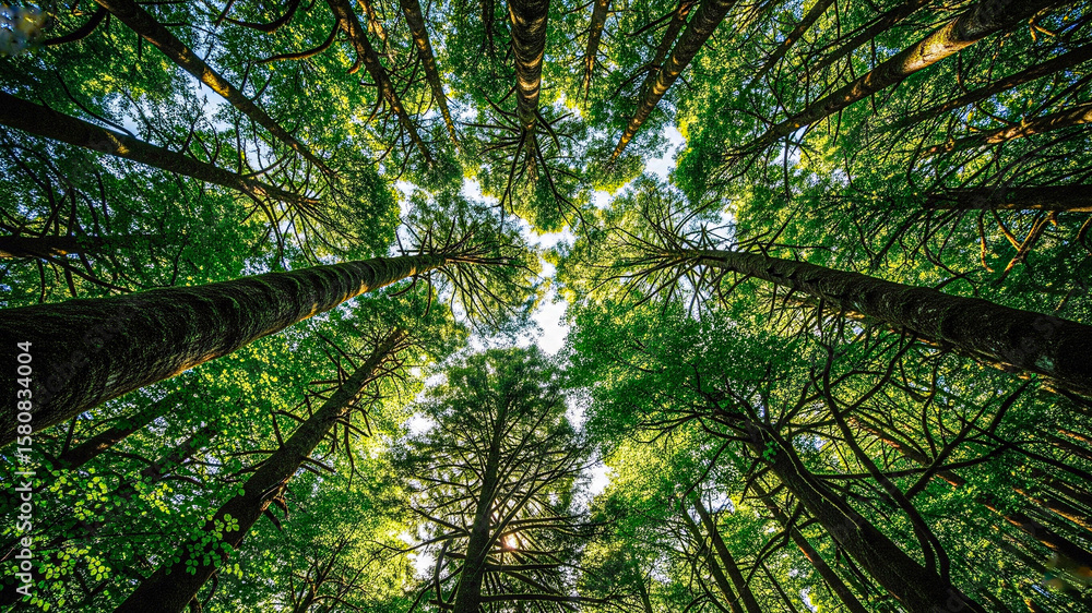Fototapeta premium Lush Green Canopy: Sunlight Dappled Forest, Upward View, Tranquil Nature Scene