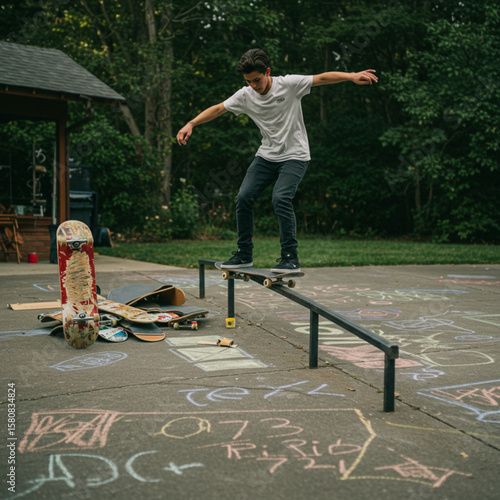 Determined young skateboarder skillfully executing a grind on a metal rail in a home driveway, capturing the essence of youth sport and an active outdoor lifestyle.