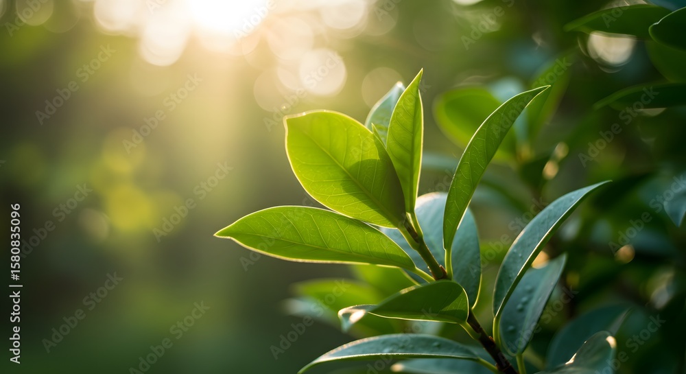 Obraz premium Fresh Green Leaves in Sunlight with Natural Bokeh Background