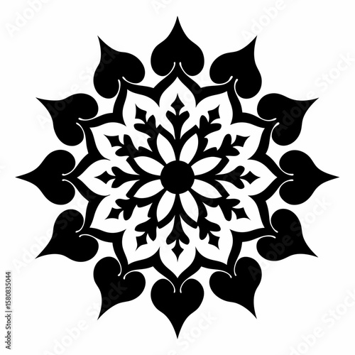 Elegant Black and White Mandala Design Intricate Snowflake Pattern with Heart-Shaped Petals