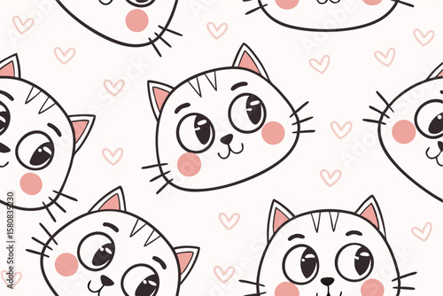 Cute chubby cat faces with rosy cheeks in a repeating seamless pattern