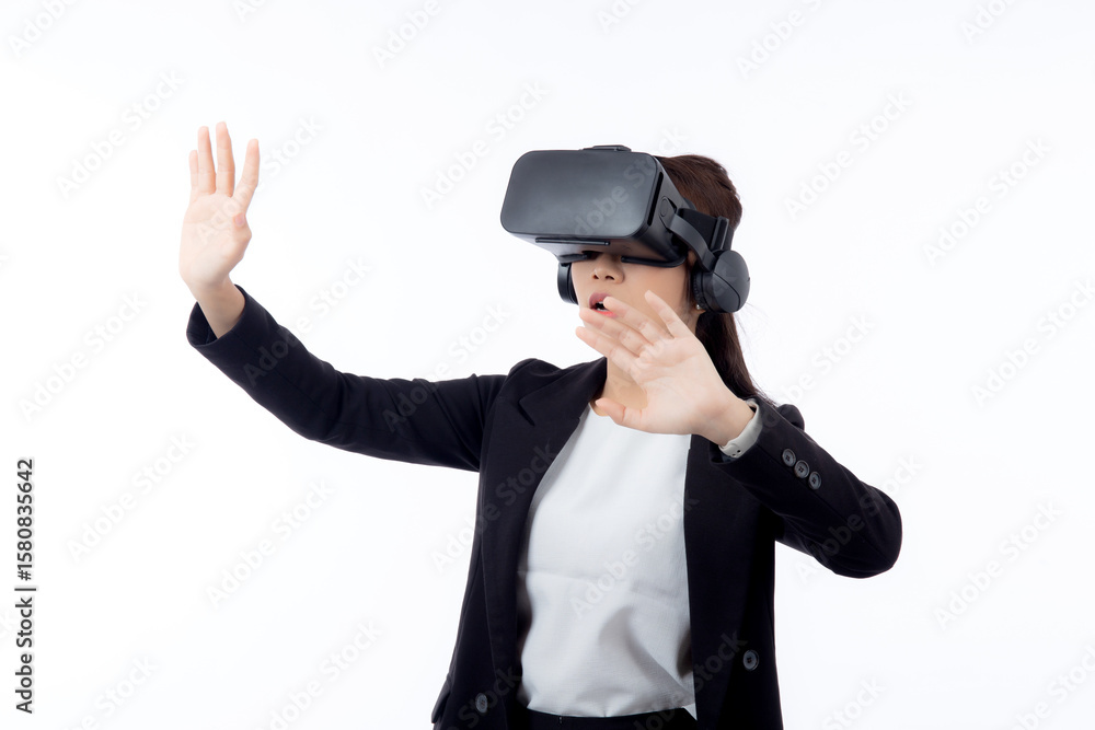 Portrait young asian businesswoman wearing headset virtual reality for device with experience and entertainment with interactive isolated white background, simulation and innovation with business. Portrait young asian businesswoman wearing headset virtual reality for device with experience and entertainment with interactive isolated white background, simulation and innovation with business.