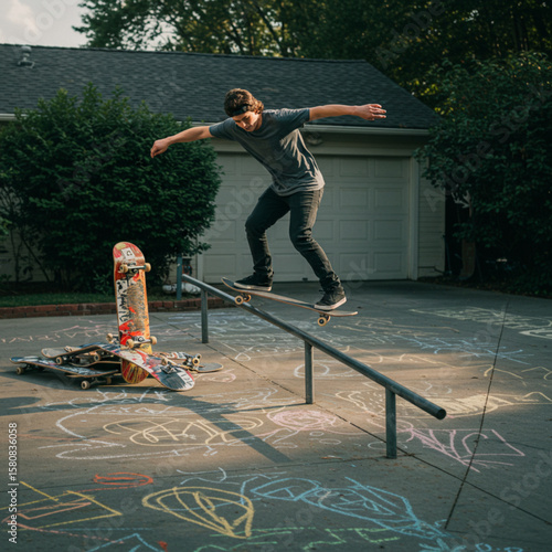 Teenager skateboarding on a rail outdoors, practicing tricks on his skateboard in front of a garage