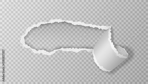Realistic torn and twisted paper strip isolated on light background. Vector illustration.