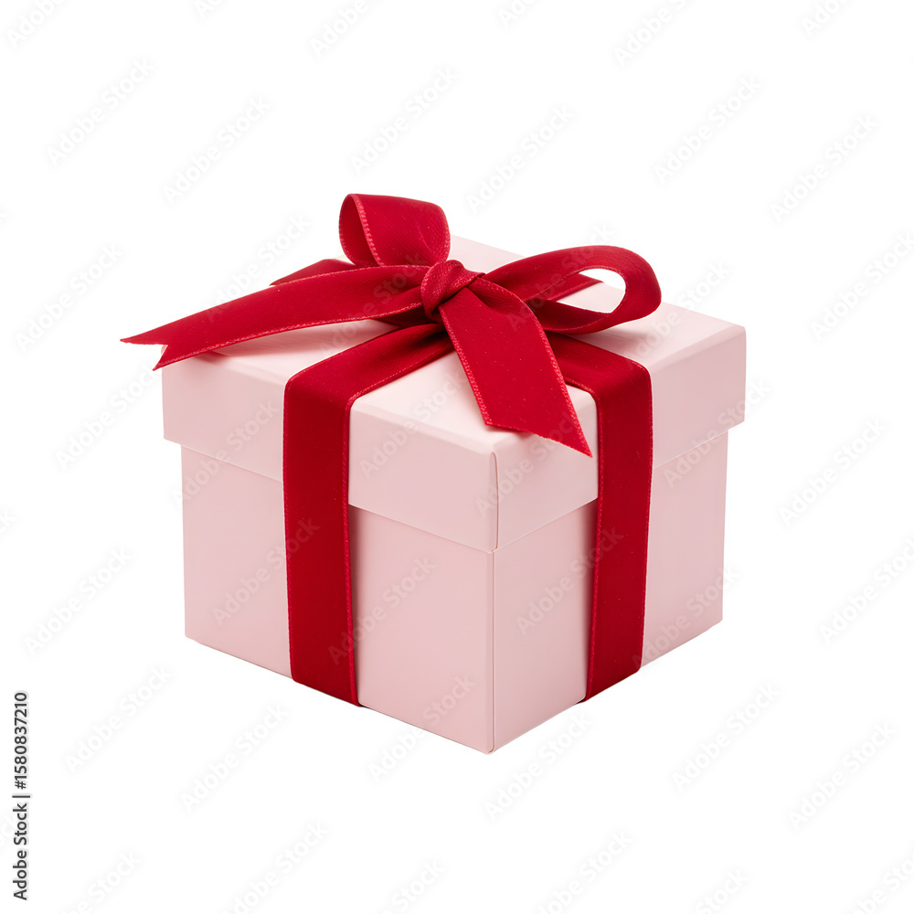 A square, light pink gift box tied with a vibrant red velvet ribbon and bow, isolated on a white background. A square, light pink gift box tied with a vibrant red velvet ribbon and bow, isolated on a white background.