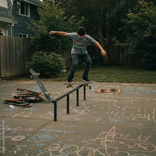 Energetic young male skateboarder executing a dynamic rail grind trick, demonstrating impressive balance and skill on a chalk-marked outdoor pavement amidst a casual backyard setting.