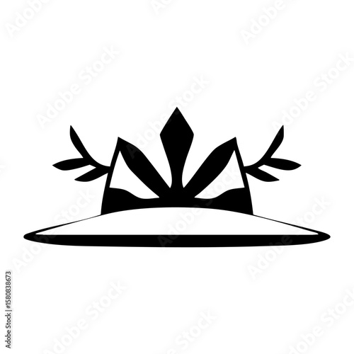 Hand drawn ink illustration of an abstract crown or headpiece adorned with leaf-like elements and a central jewel