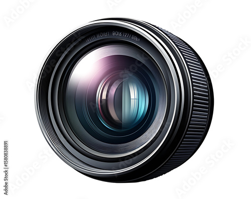 Detailed Closeup of a Black Camera Lens with Silver Accents and Internal Reflections isolated on a transparent background