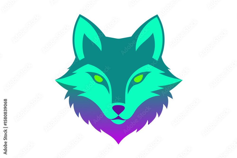 Obraz premium Glowing Neon Calico Wolf Face Art on White Background – Vibrant Digital Canine Portrait