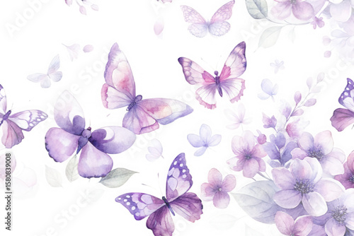 Watercolor butterflies and flowers in shades of purple and pink isolated on transparent background
