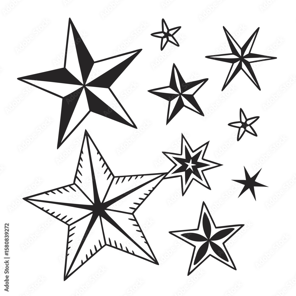 Obraz premium Nine Stylized Stars in 3x3 Grid with Graphic Black, White, and Multicolor Designs