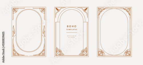 Frame or cover of boho geometric design elements. Simple corner, wreath and seamless borders for book covers print, social media and packaging or wedding greeting card. Vector illustration