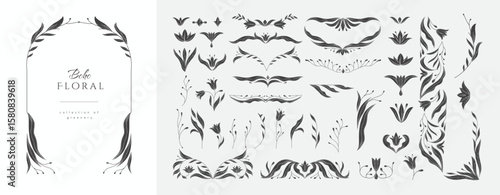 Set of retro floral design elements in silhouette or linocut style . Botanic frame, corner and borders in wavy and vintage style. Boho for print packaging or wedding greeting card