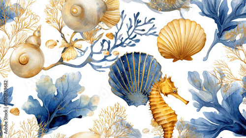 Ocean watercolor seamless pattern with seashells seahorse and coral background