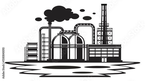 Industrial Oil Refinery Silhouette with Smoke and Storage Tanks