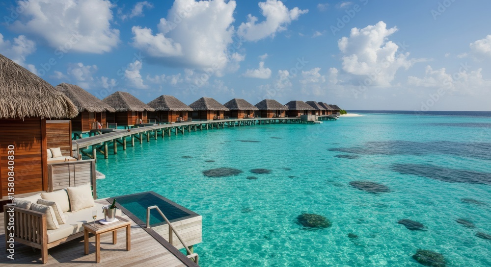 Fototapeta premium Tropical Bliss Overwater Bungalows and Azure Waters in Paradise