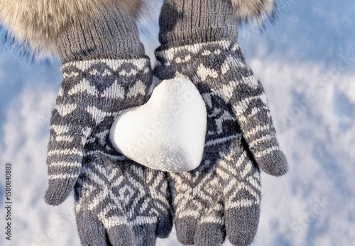 Hands in knitted mittens with heart shaped snow. Winters Day. Valentine's Day