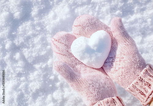 Hands in knitted mittens with heart shaped snow. Winters Day. Valentine's Day