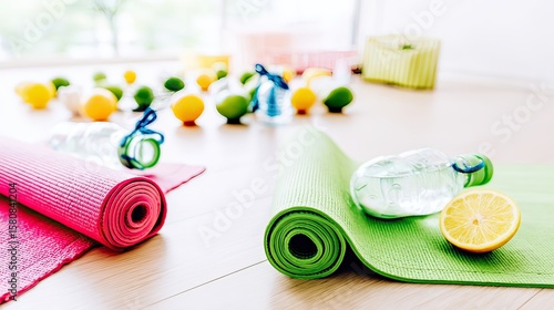 Yoga mats, water, lemons, studio, healthy lifestyle, fitness