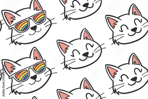 Whimsical cat faces with vibrant rainbow sunglasses seamless pattern