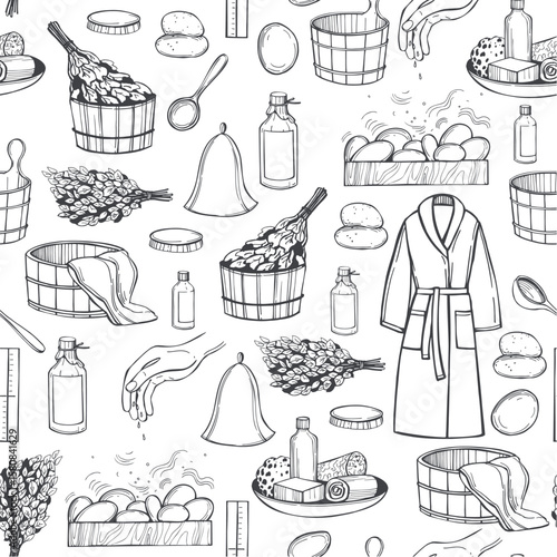 Finnish sauna, steam room bathhouse set. Vector seamless pattern.  
