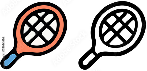 Two stylized tennis rackets, one colored and one outlined in black.
