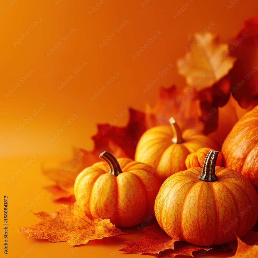 Thanksgiving pumpkins and leaves on brown to orange gradient background Thanksgiving pumpkins and leaves on brown to orange gradient background