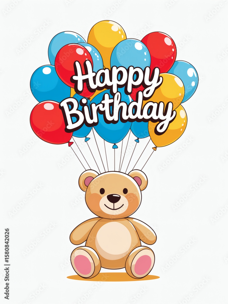 Fototapeta premium Sweet teddy bear celebrates with vibrant balloons for a joyful birthday festivity filled with color and charm