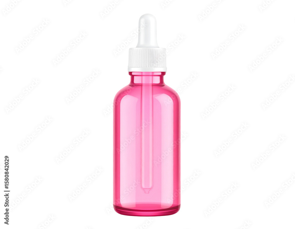 A pink glass bottle with a white cap and dropper, on a transparent background A pink glass bottle with a white cap and dropper, on a transparent background