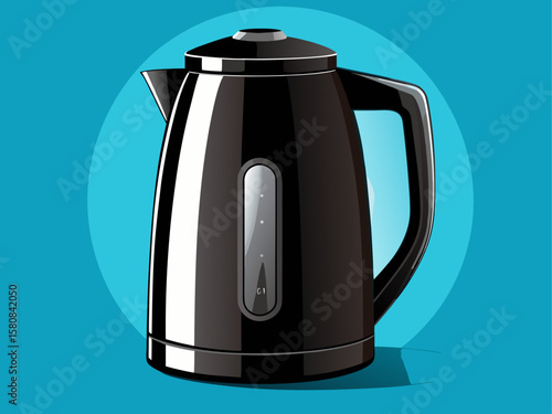 Modern black electric kettle with sleek design, isolated on a transparent background. Minimalist home appliance for kitchen or product display. Vector illustration