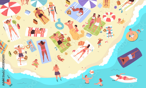 People on beach top view. Crowd tourists relax seaside, swim inflatable ring water sea sunbathing towels above sun umbrella summer vacation holiday rest, classy vector illustration