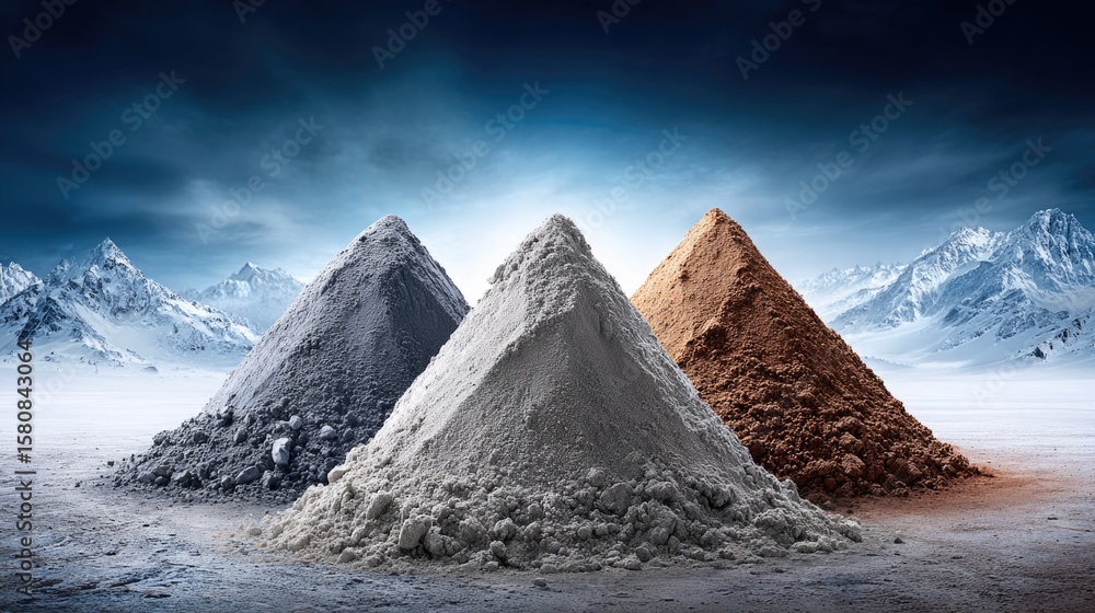 Naklejka premium Colored Mineral Powder Mounds in Snowy Mountains