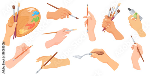 Painters hands. Artist hand hold paint brush, pencil pen paintbrush palette in painter arm art school stationery drawing equipment write design sketch tool neat vector illustration