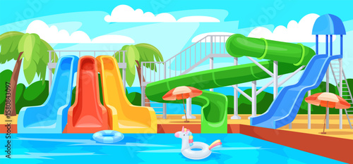 Cartoon aquapark. Waterpark swimming pool with water slide, aqua amusement park for family children beach party waterslide playground background summertime neat vector illustration
