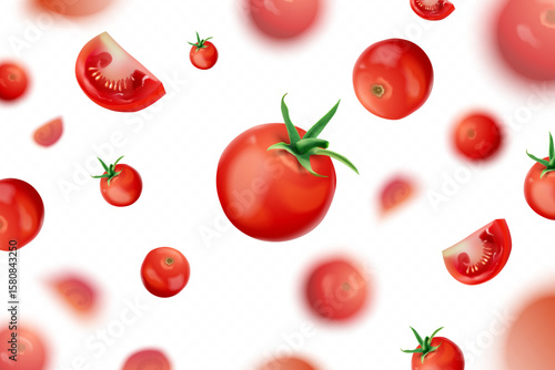 Falling tomato. Realistic flying tomatoes ad background, red vegetables blurry banner food pattern cherry tomat ketchup salad paste organic ingredient, 3d exact vector illustration