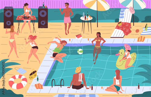 People pool party. Man in swimwear and woman bikini dance fun event, dj outdoor beach festival in luxury villa hotel poolside swim jump summer vacation, classy vector illustration
