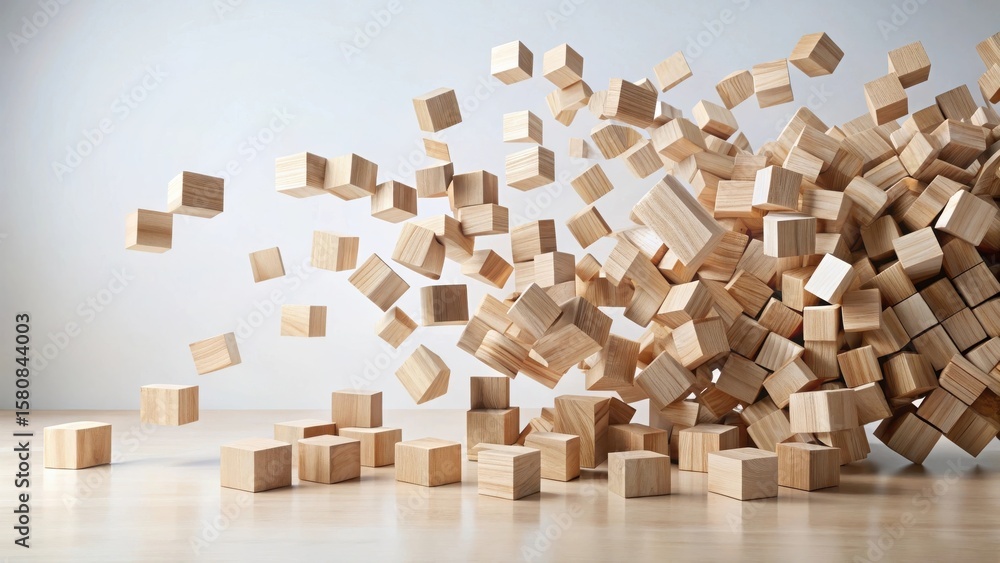 custom made wallpaper toronto digitalA cascading torrent of uniformly sized wooden blocks, poised mid-air and scattered across a polished wooden surface, illustrating concepts of dynamic movement and structural instability